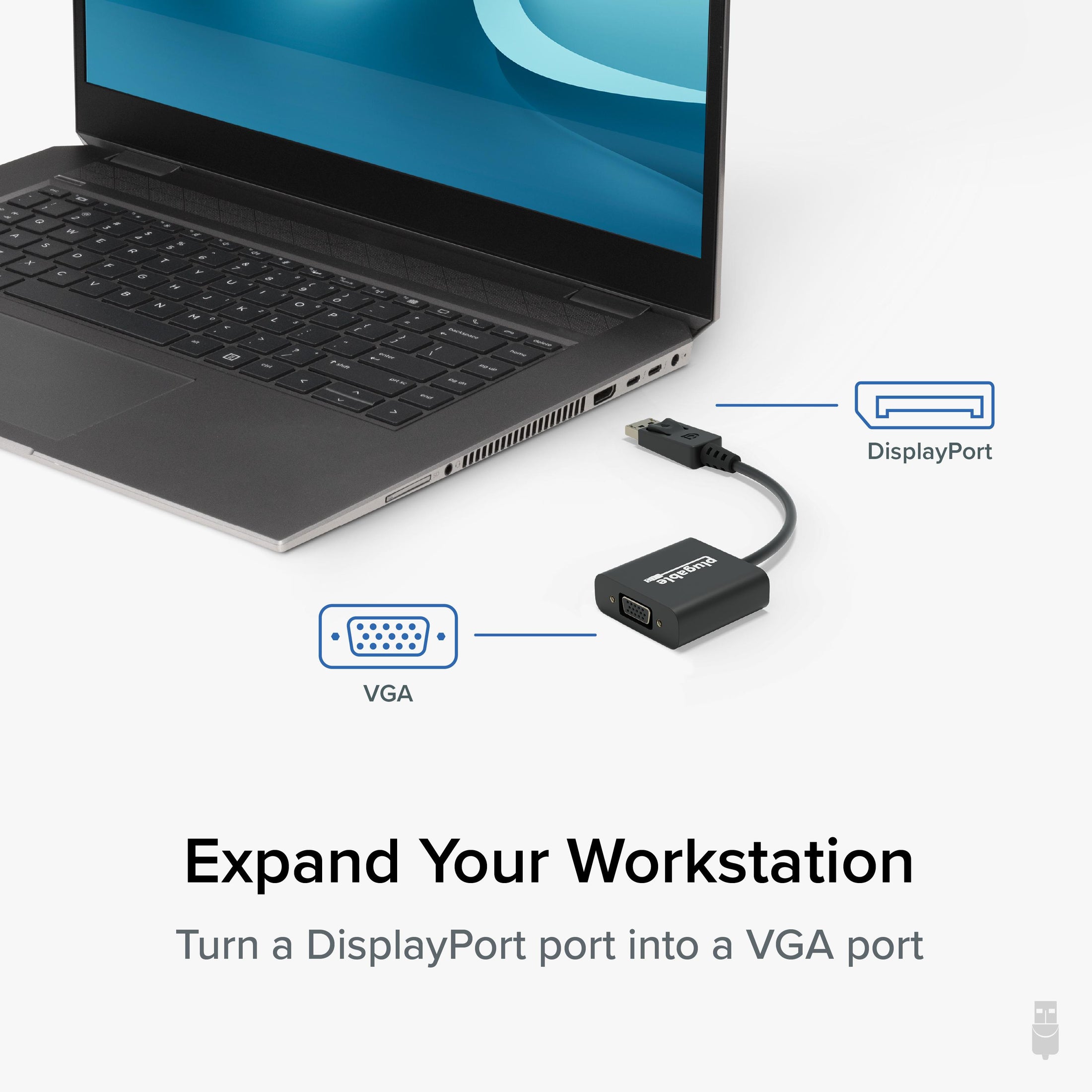 Plugable DPM-VGAF adapter converting a DisplayPort input to a VGA output port.