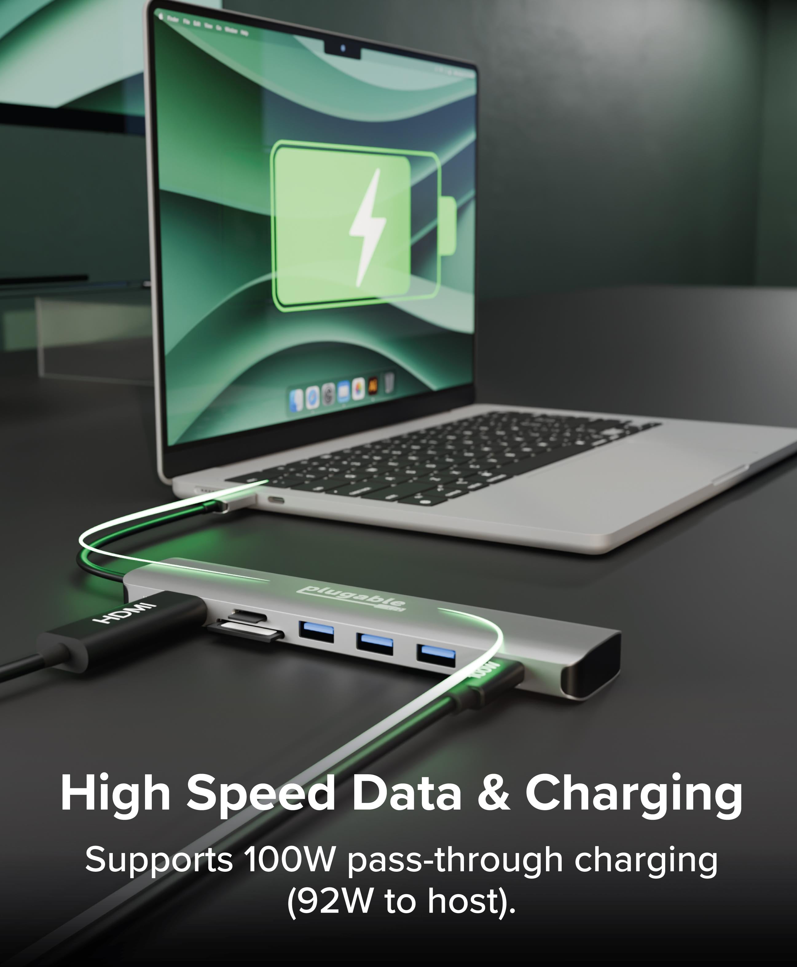 Plugable USB-C Hub 7-in-1 with 4K 60Hz HDMI, 100W Pass-Through