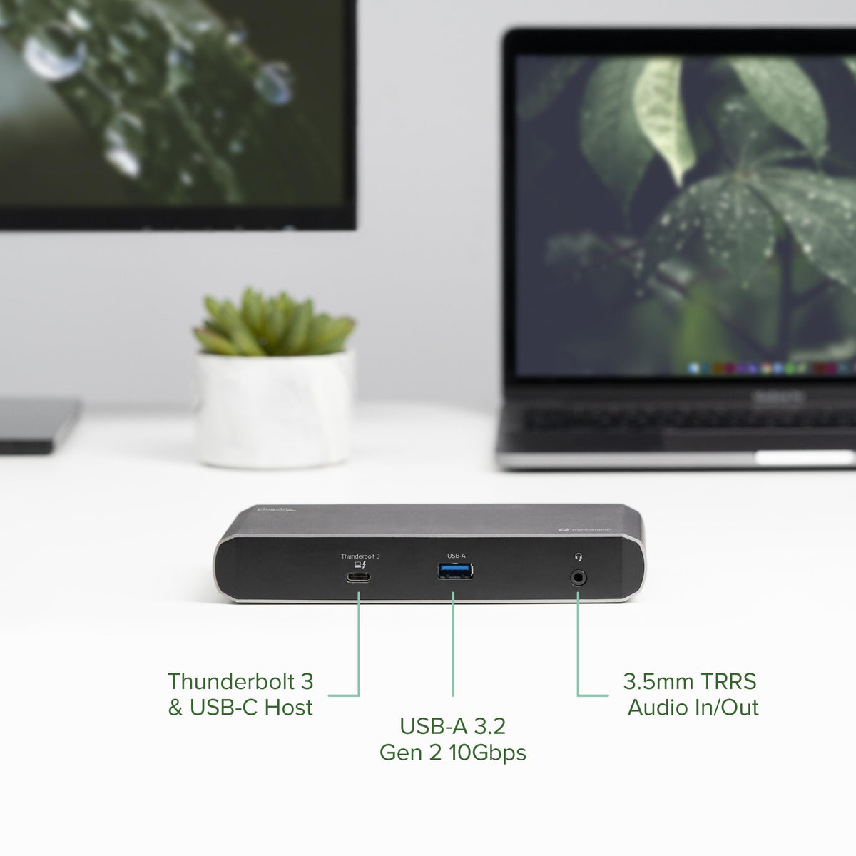 TBT3-UDC1 front panel ports: Thunderbolt 3 & USB-C host, USB-A 3.2 Gen 2 10Gbps, and 3.5mm TRRS audio in/out.