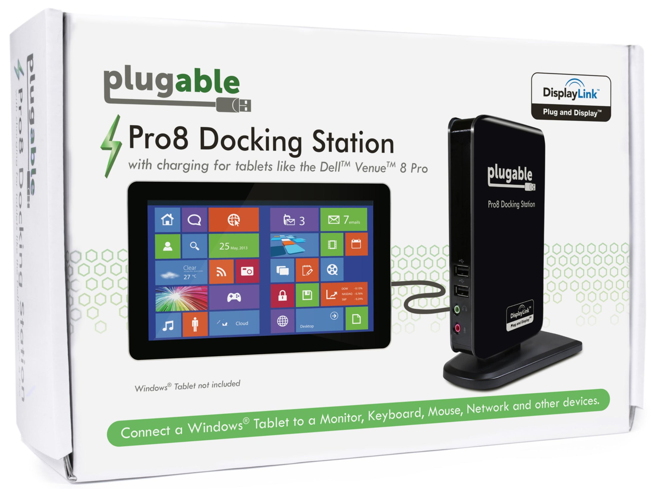 Plugable Pro8 Docking Station packaging showing connectivity for Windows tablets, featuring DisplayLink technology.