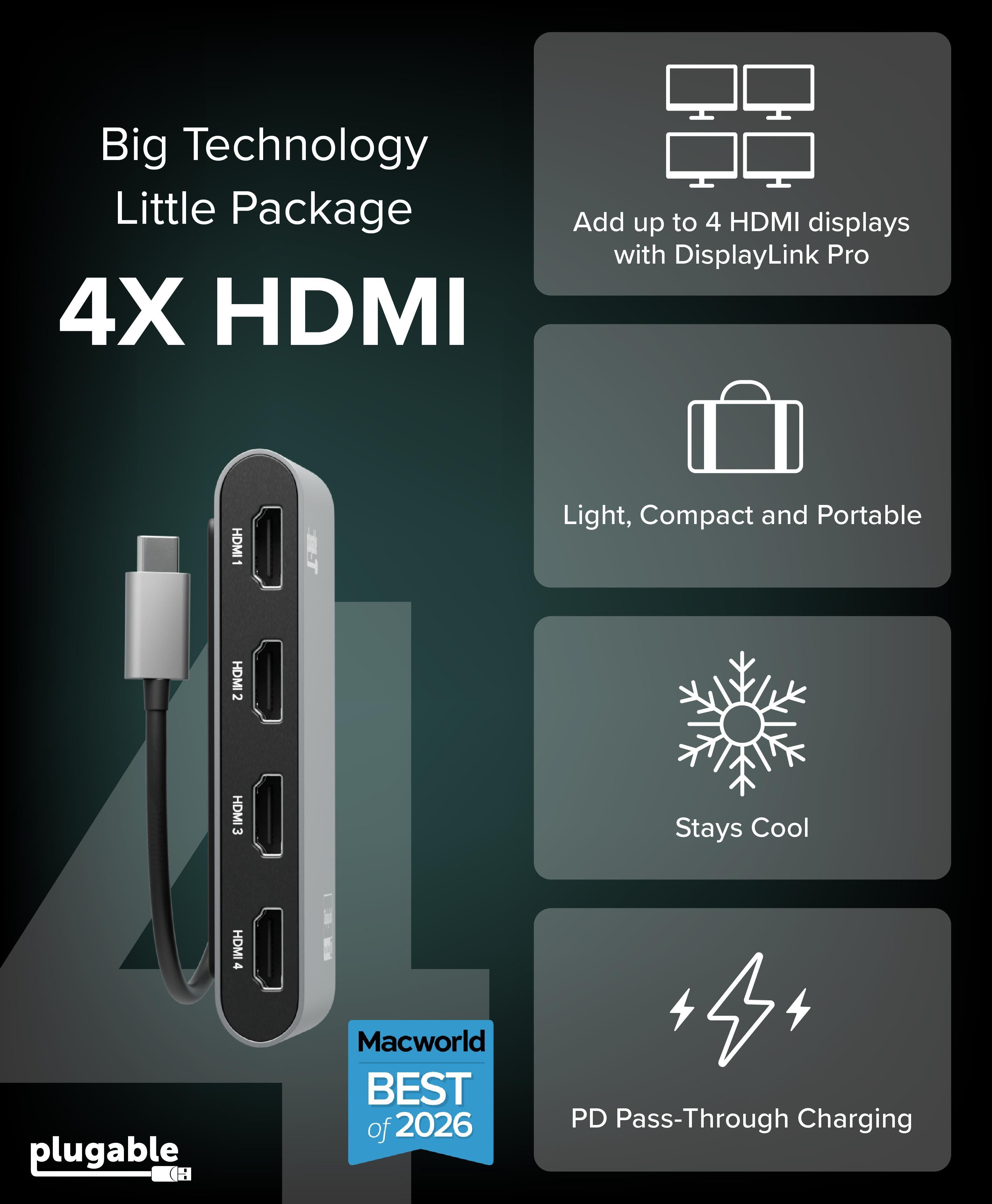 Plugable USB-C Quad 4K HDMI Graphics Adapter With up to 100W USB-C