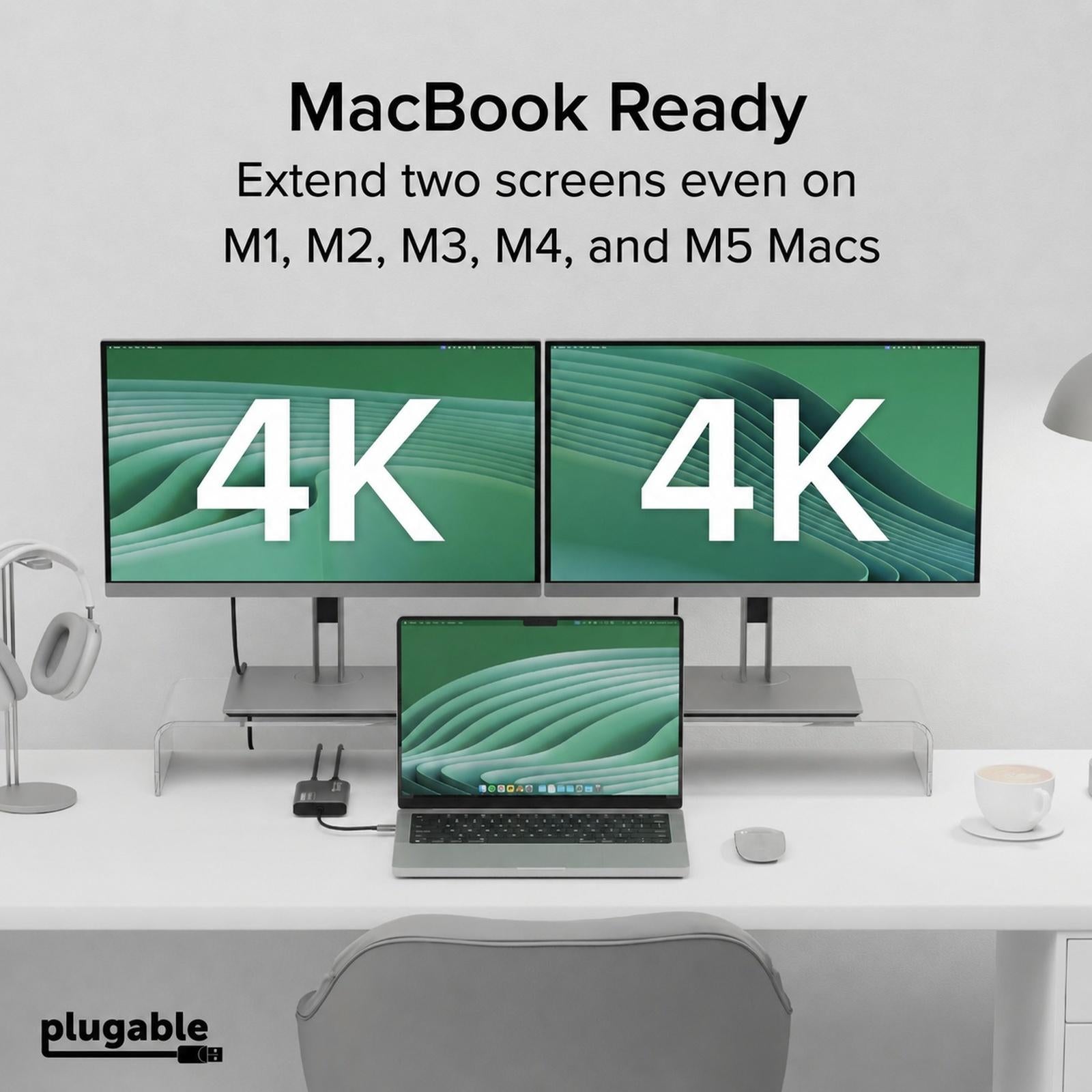 Plugable USB C to HDMI Adapter, Dual Monitor 4K 60Hz for Apple Mac