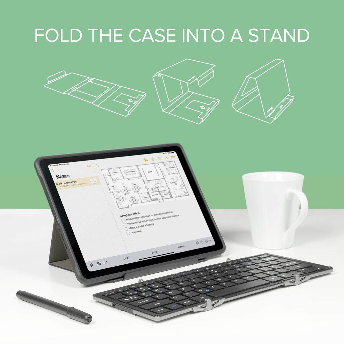 BT-KEY3XL foldable keyboard case shown being converted into a tablet stand via three-step diagram.