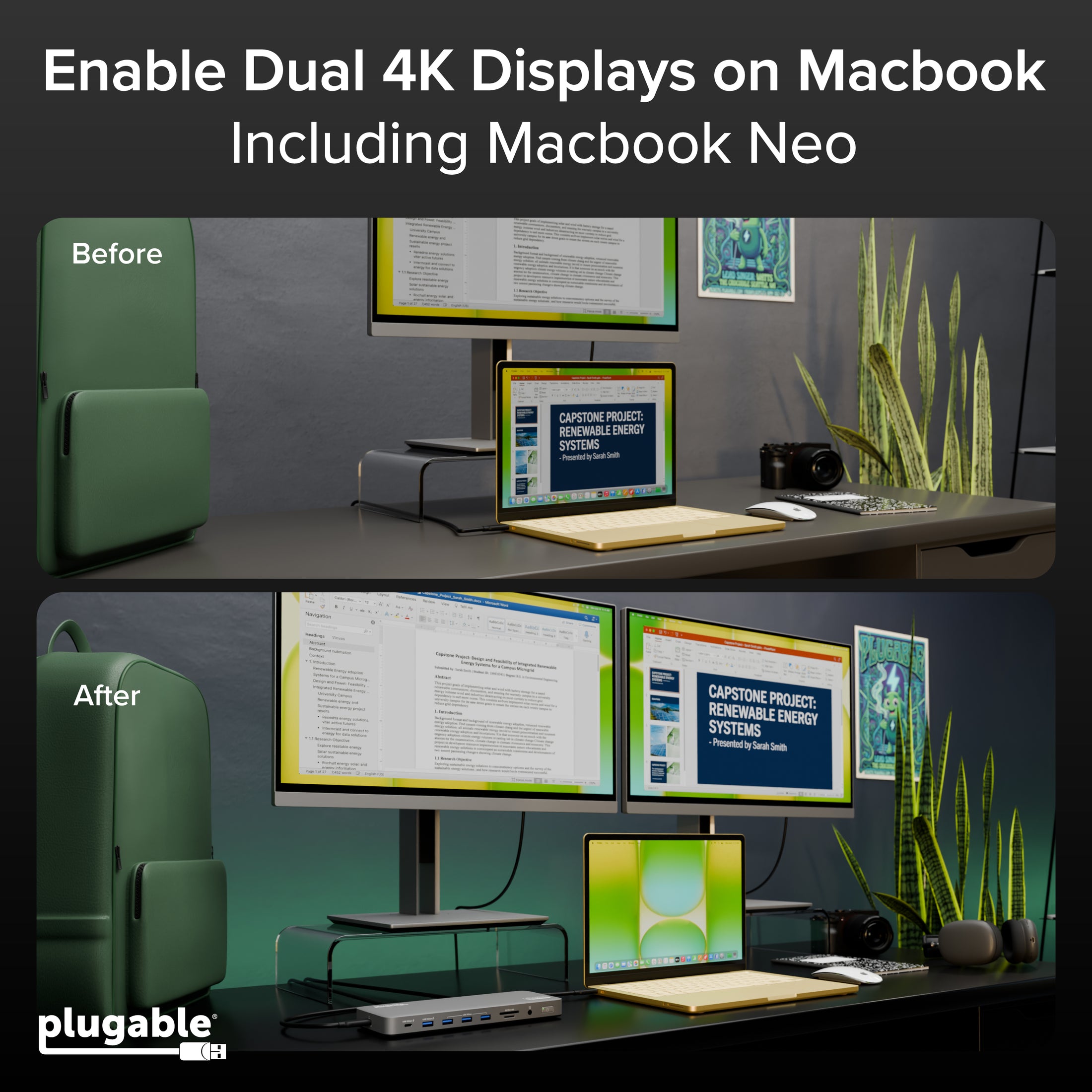 Plugable USB-C Docking Station for Mac, Dual 4K Monitors, 100W Laptop Charging (B-Stock)
