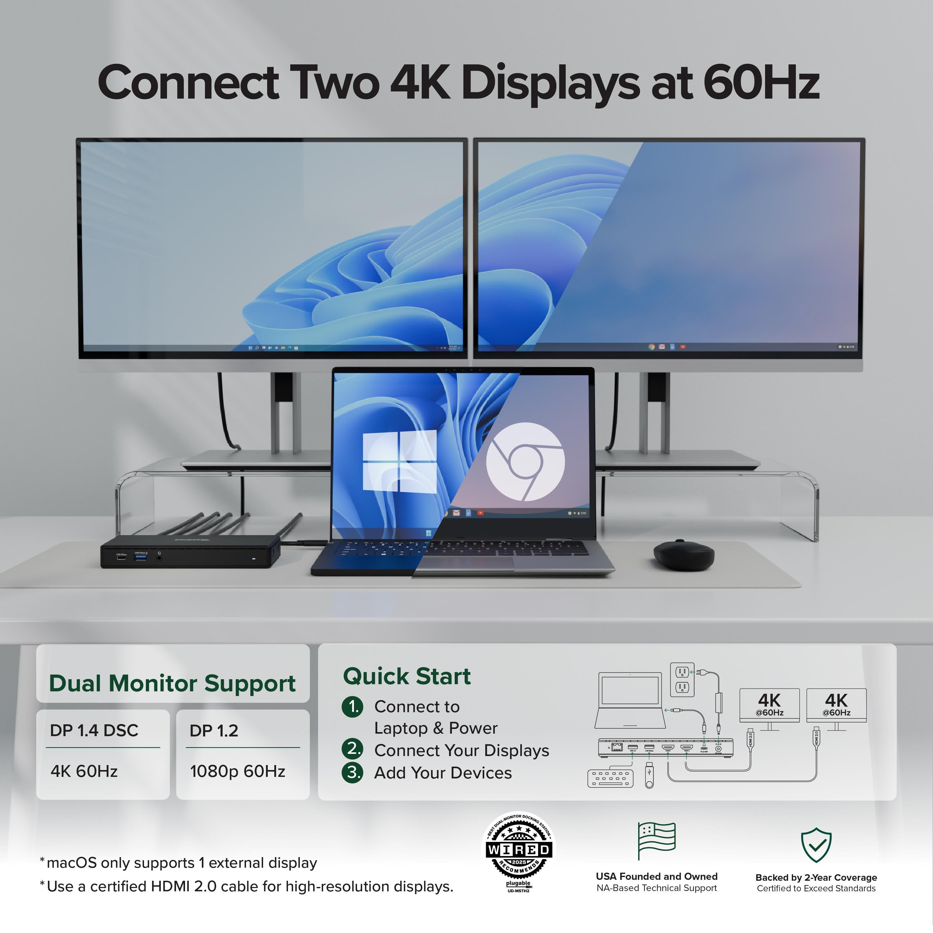 Plugable USB-C Docking Station Dual 4K 60Hz HDMI, 65W Charging
