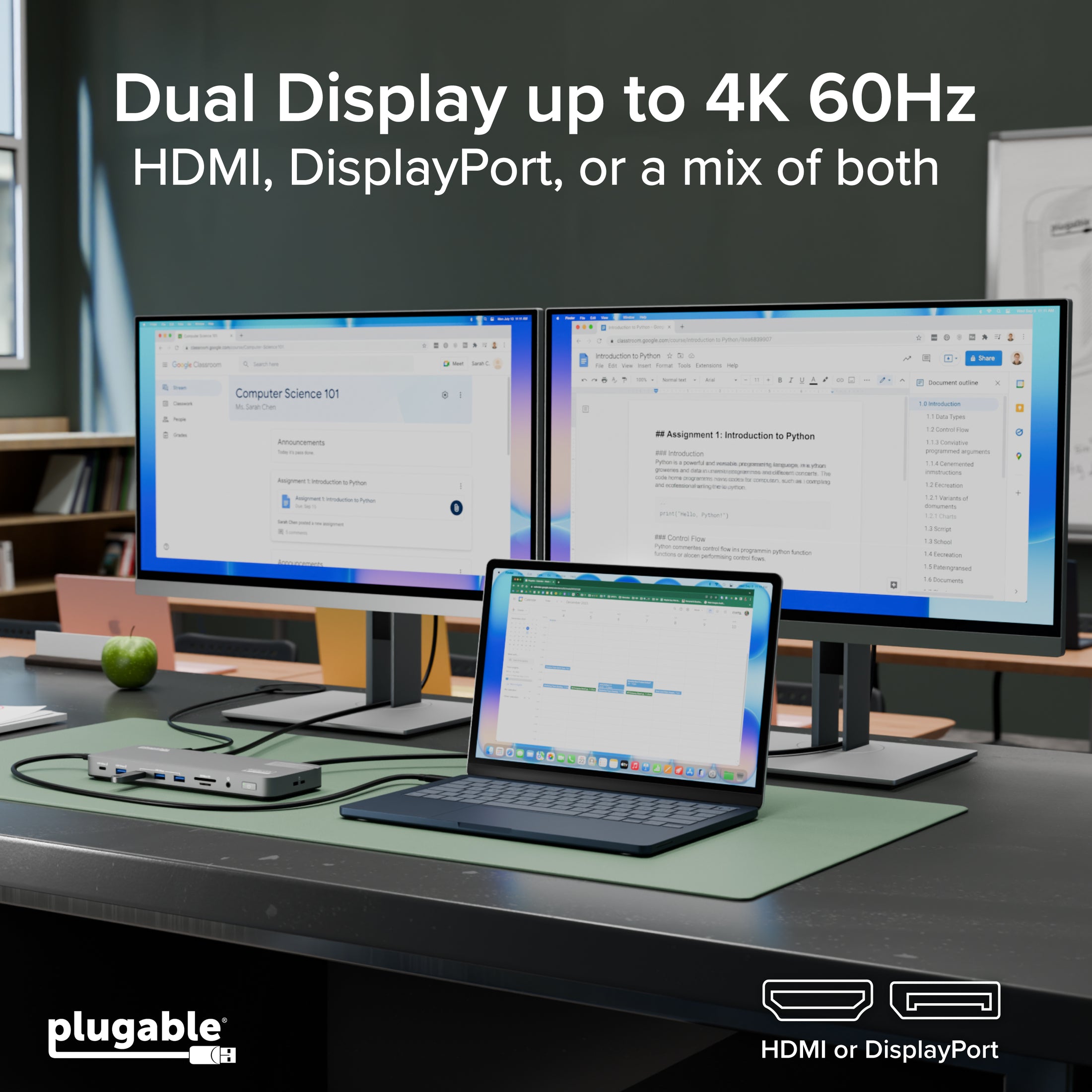Plugable USB-C Docking Station for Mac, Dual 4K Monitors, 100W Laptop Charging (B-Stock)