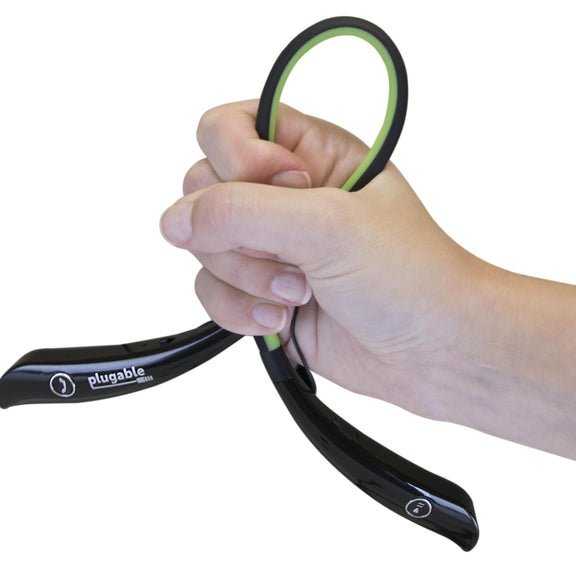Image of a person's hand gripping the BT-HSFLEX headphones and squeezing them to show durability.