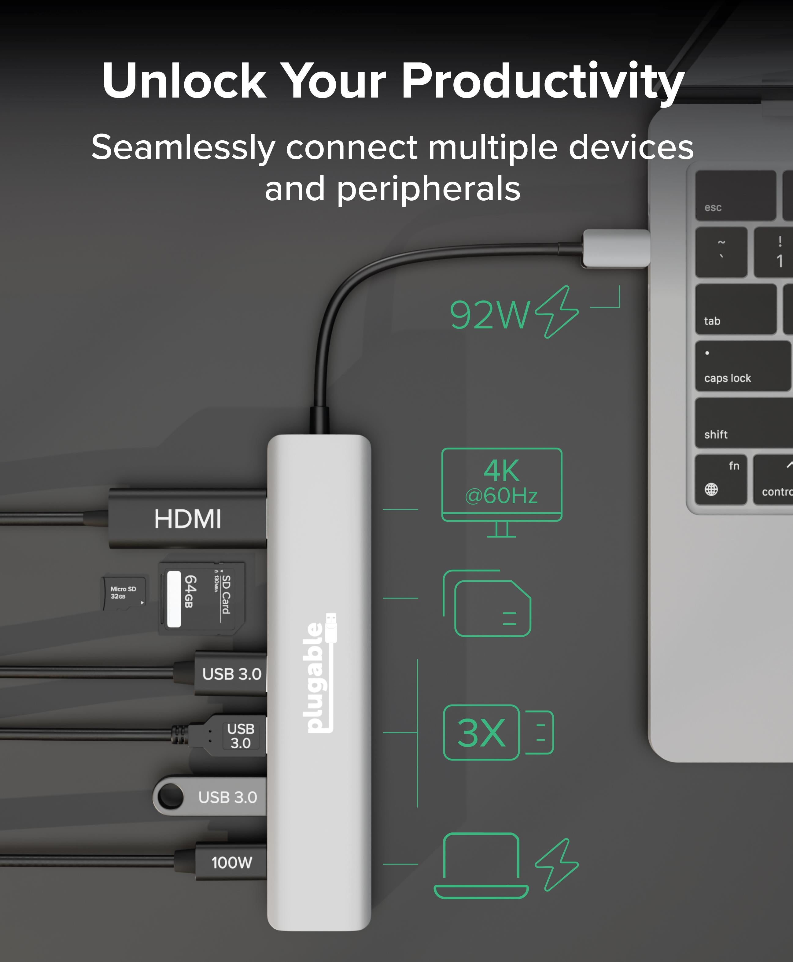 Plugable USB-C Hub 7-in-1 with 4K 60Hz HDMI, 100W Pass-Through