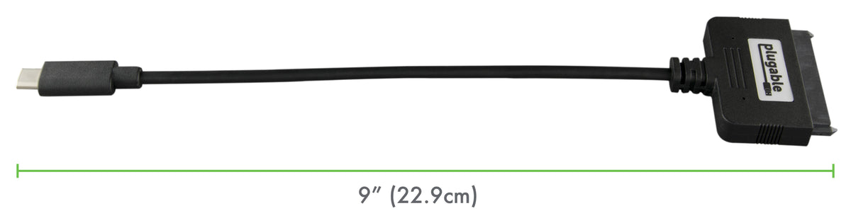 Plugable USBC-SATA24 USB-C to SATA adapter cable with a total length of 9 inches (22.9 cm).