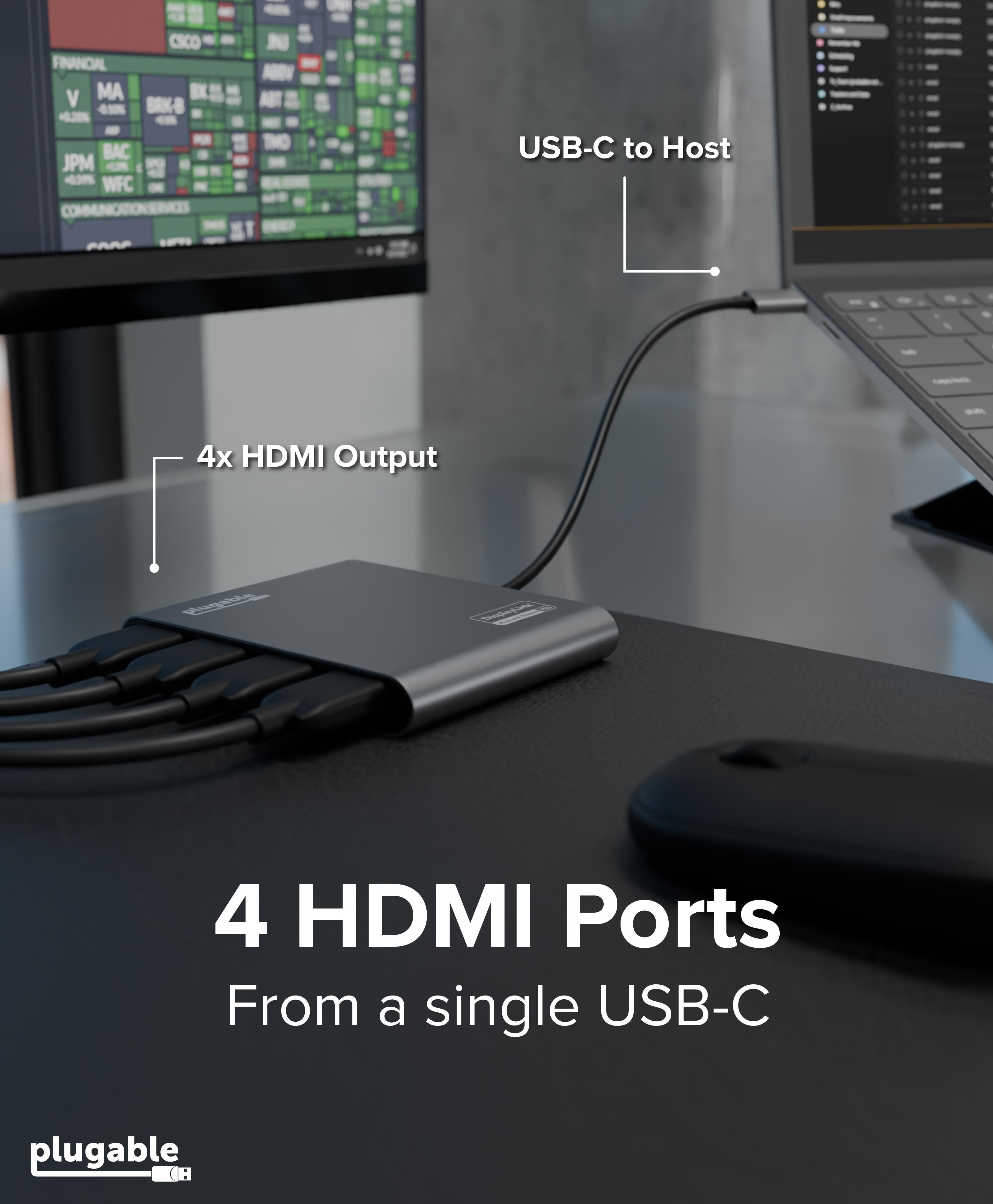 Plugable USB-C Quad 4K HDMI Graphics Adapter With up to 100W USB-C