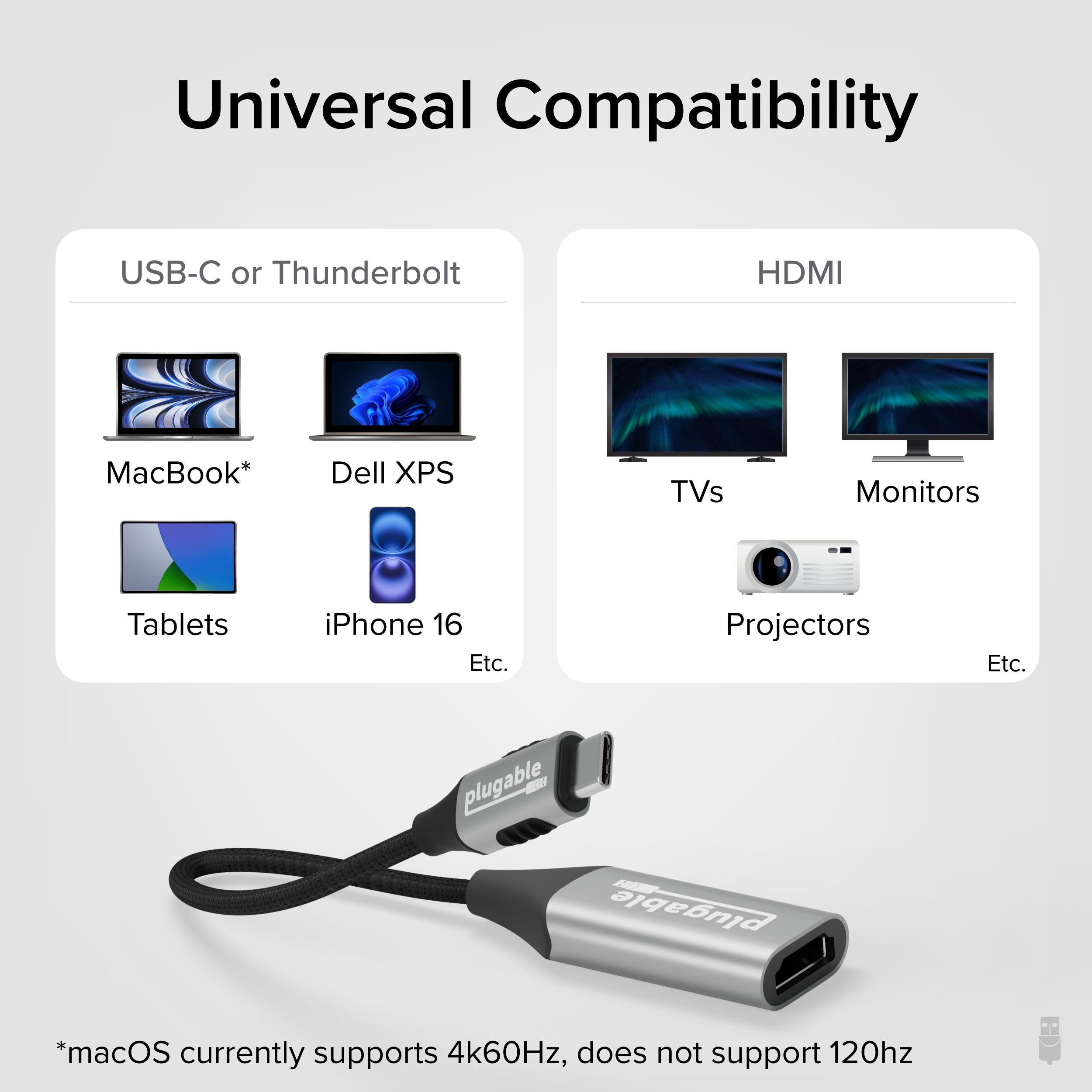 Plugable HDMI 2.1 USB-C to HDMI Adapter, Supports 4K 144Hz or 8K