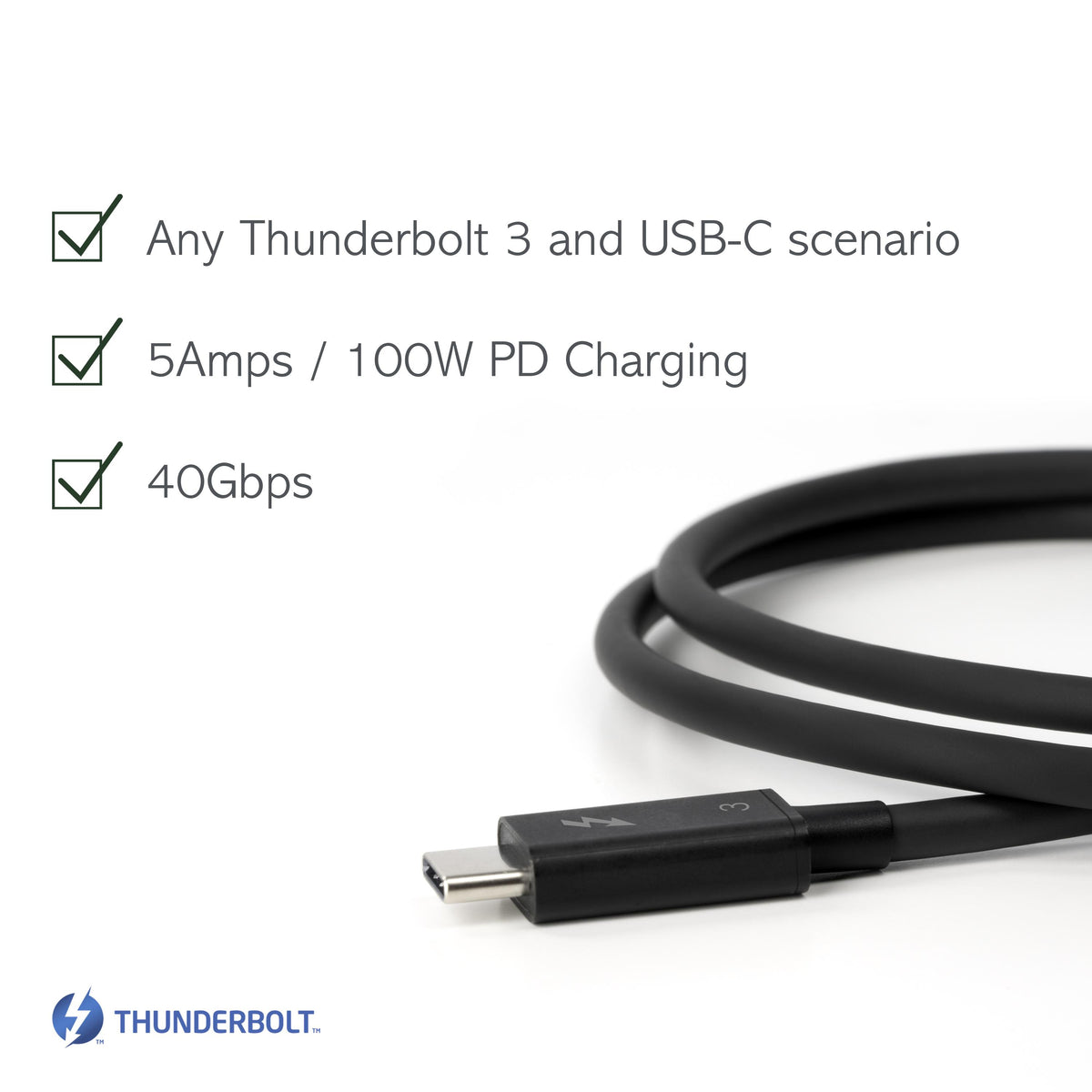 Plugable Thunderbolt 3 cable features: compatible with Thunderbolt 3 and USB-C, 5A/100W PD charging, and 40Gbps data.