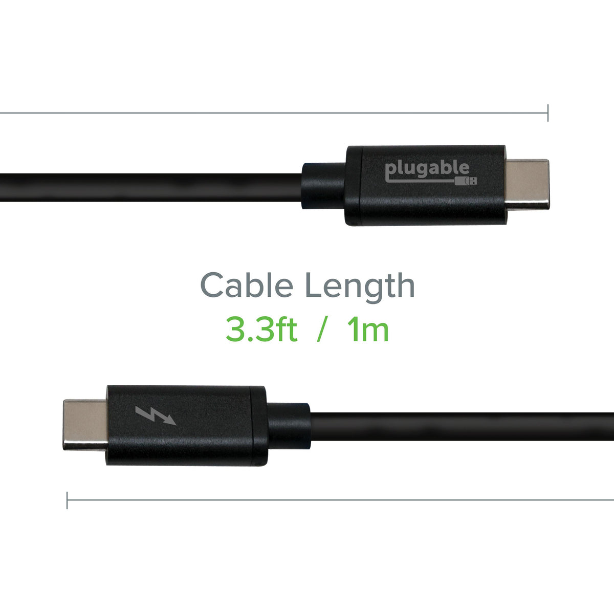 Plugable TBT3-20G1M Thunderbolt 3 cable length measurement: 3.3 feet / 1 meter.
