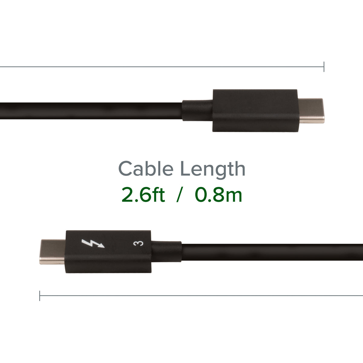 Plugable TBT3-40G80CM Thunderbolt 3 cable length measurement: 2.6ft / 0.8m.