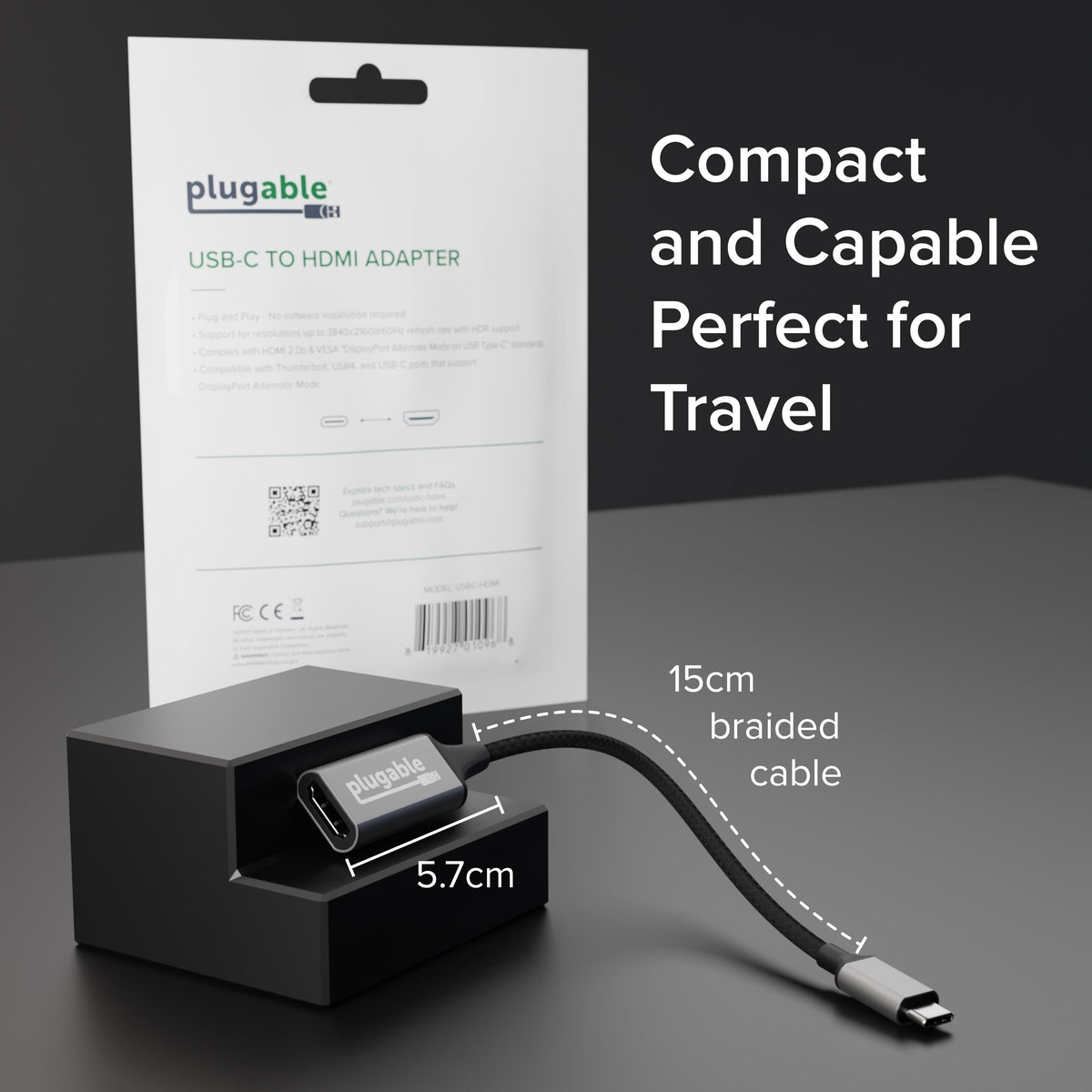 Plugable USB-C to HDMI Adapter showing 5.7cm body length and 15cm braided cable with USB-C and HDMI connectors.