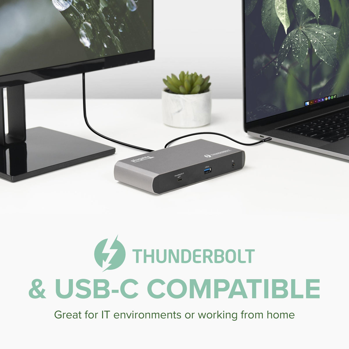Plugable TBT3-UDC1 front panel with Thunderbolt 3, USB-A, and audio ports, labeled Thunderbolt and USB-C compatible.