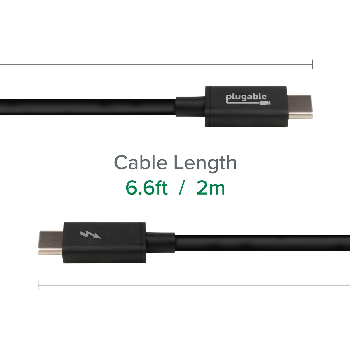 Plugable TBT3-20G2M Thunderbolt 3 cable with a total length of 6.6ft / 2m.