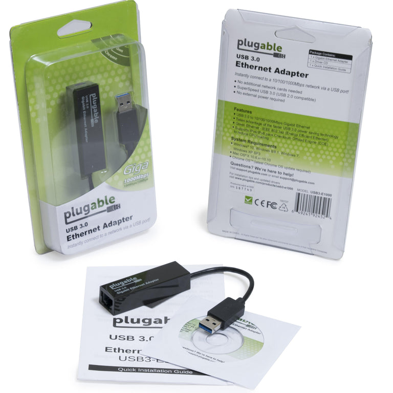 Image of Plugable USB3-E1000 Gigabit Adapter. Includes images of the front and back of box, as well as an image of the adapter itself.