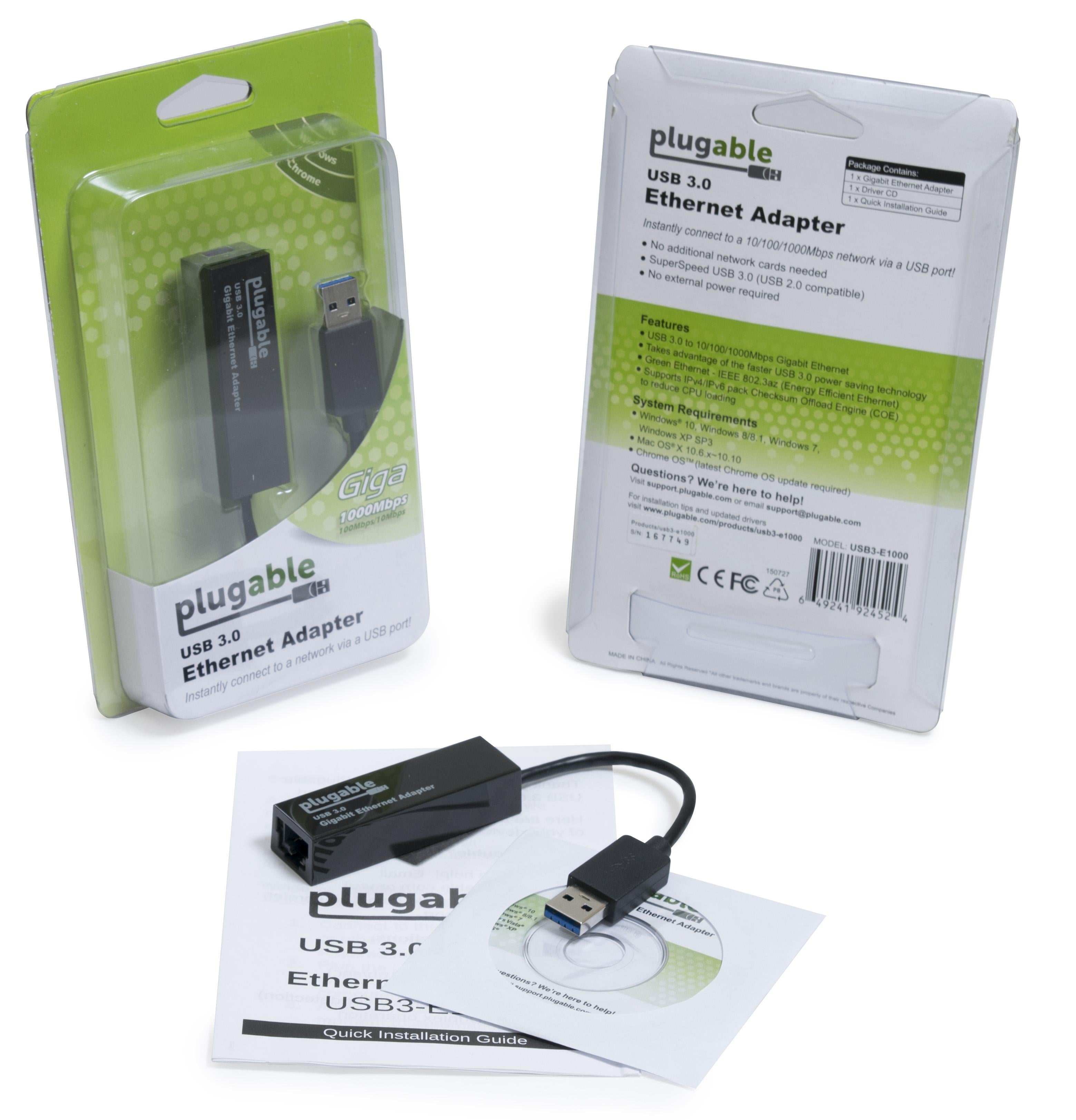 Image of Plugable USB3-E1000 Gigabit Adapter. Includes images of the front and back of box, as well as an image of the adapter itself.