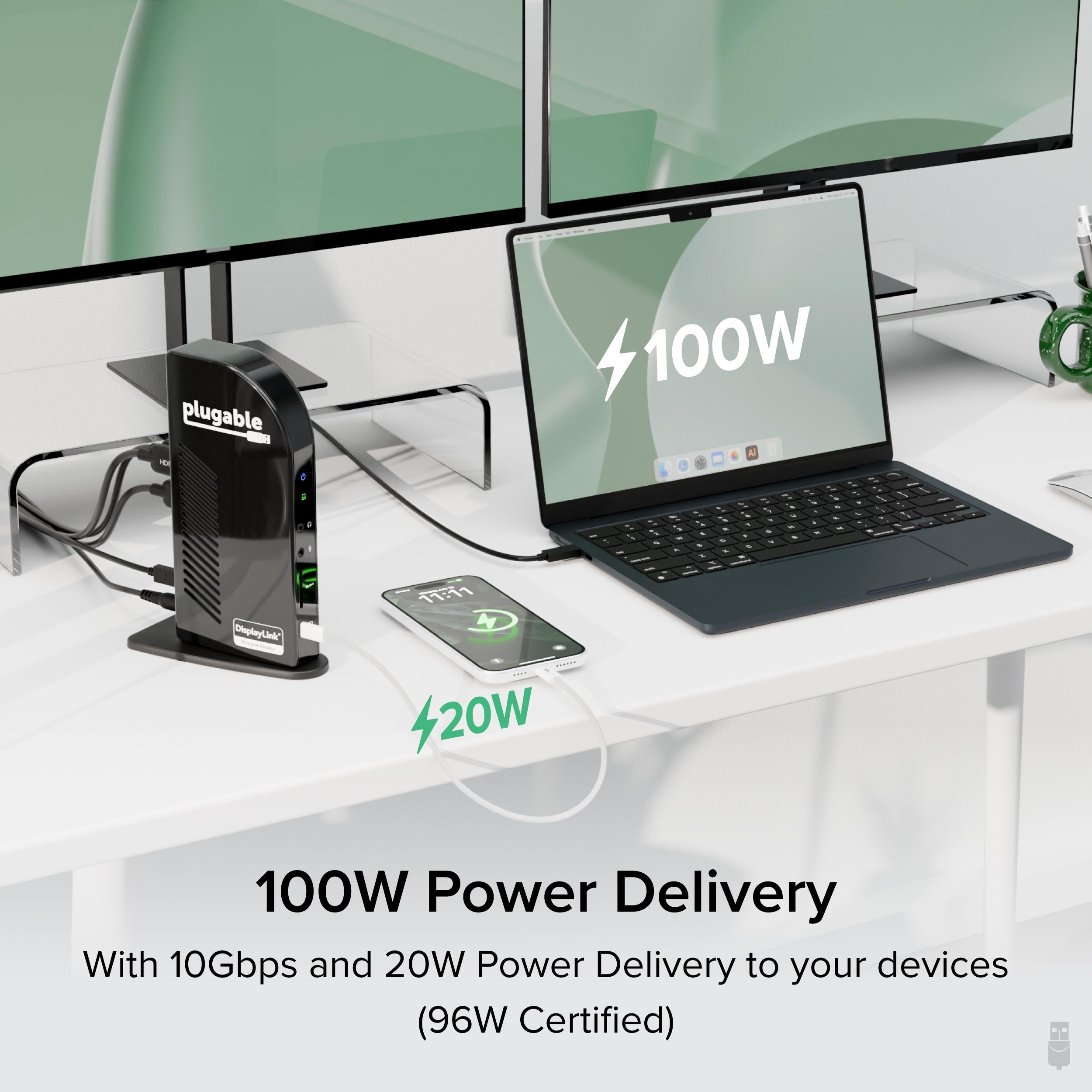 Plugable USB-C Docking Station for 4 Monitor Setup, 96W Laptop