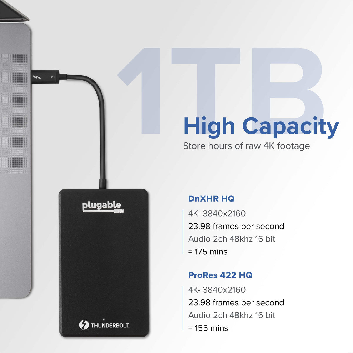 Plugable 1TB Thunderbolt 3 SSD storage capacity: 175 mins of DnXHR HQ 4K 23.98fps or 155 mins of ProRes 422 HQ 4K 23.98fps.