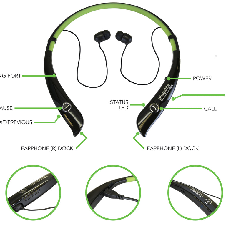 An image of the Plugable BT-HSFLEX headset and multiple icons detailing the physical and operational features of the headset.