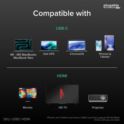 Plugable USBC-HDMI compatibility graphic showing USB-C host support for MacBooks, Dell XPS, ChromeOS, phones, and tablets wit