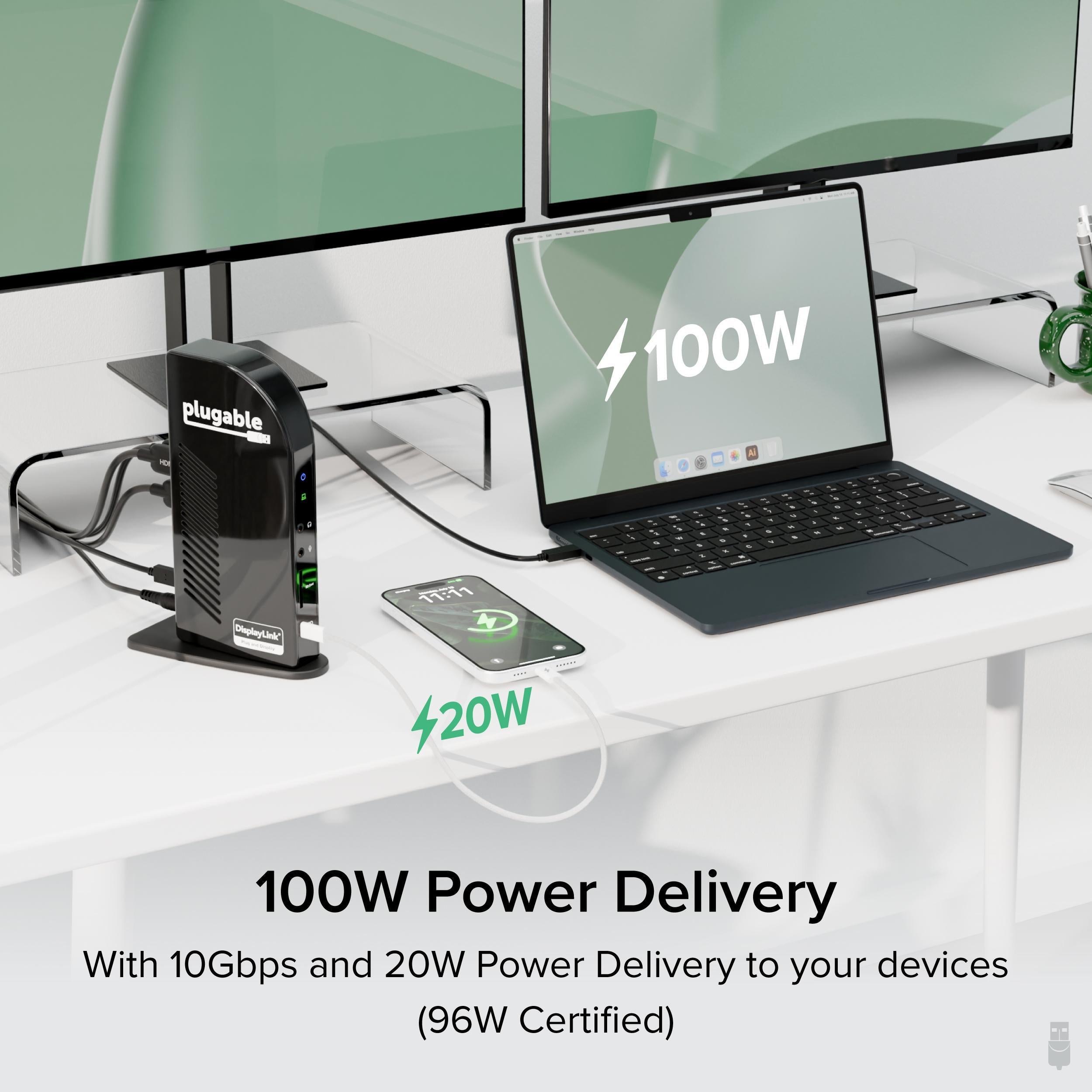 Plugable USB-C Docking Station for 4 Monitor Setup, 96W