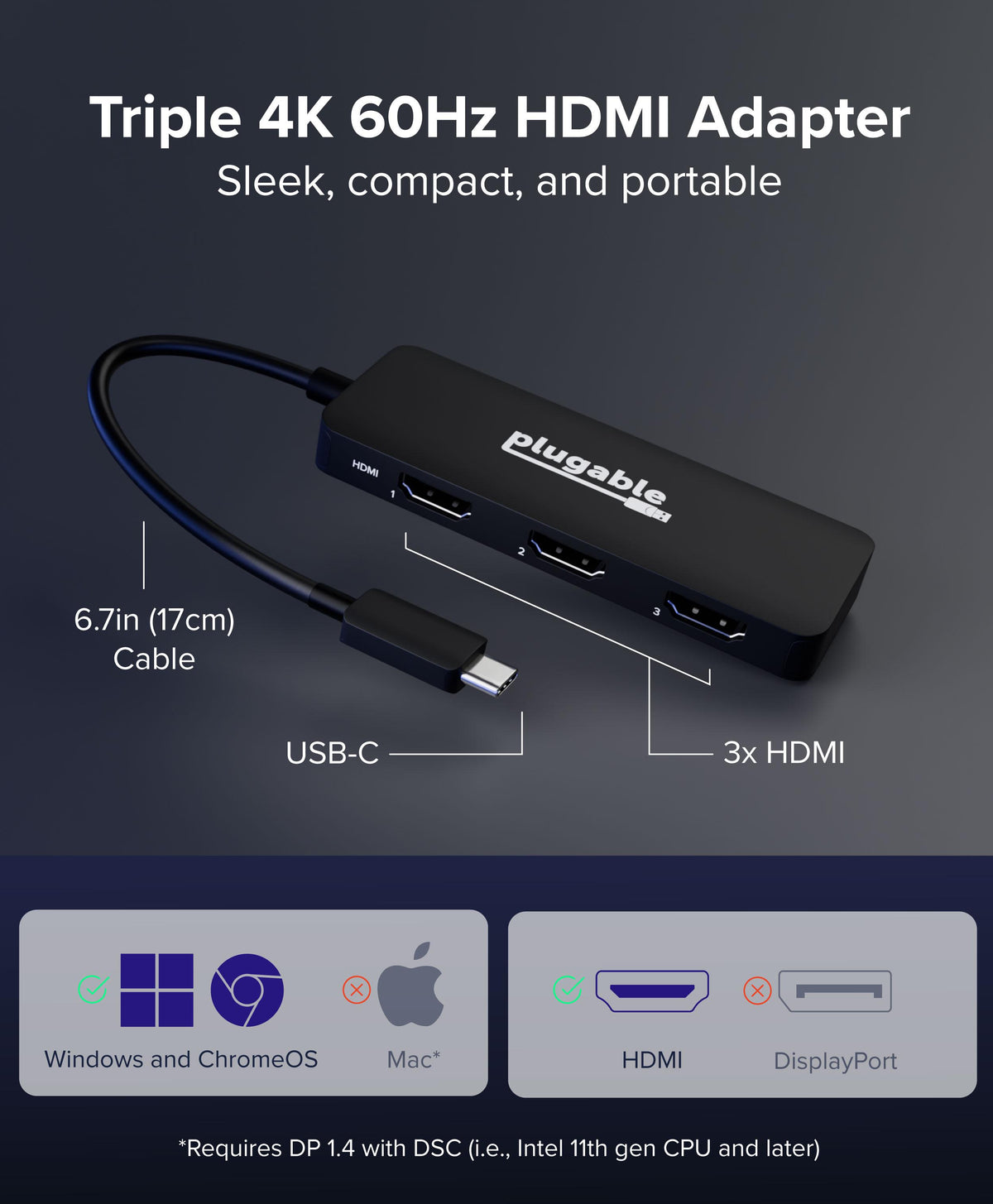 USBC-MSTH3 FAQs: Mac mirrors only, 3x 4K needs DP 1.4 with DSC or DP 2.1, works on Windows 10+ and ChromeOS 100+ with DP Alt