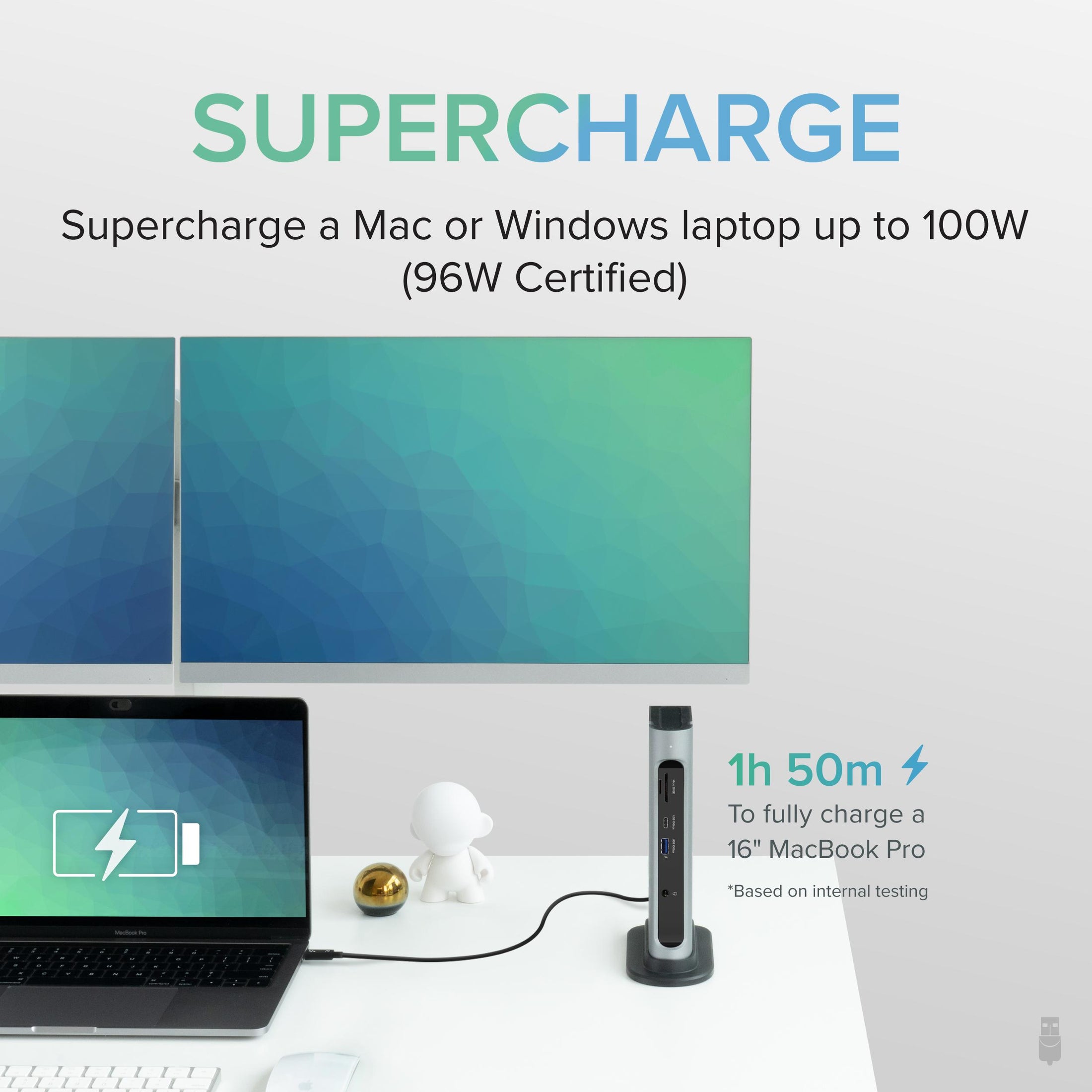 TBT3-UDZ dock charging a Mac or Windows laptop at 96W, showing a 1 hour 50 minute charge time for a 16-inch MacBook Pro.