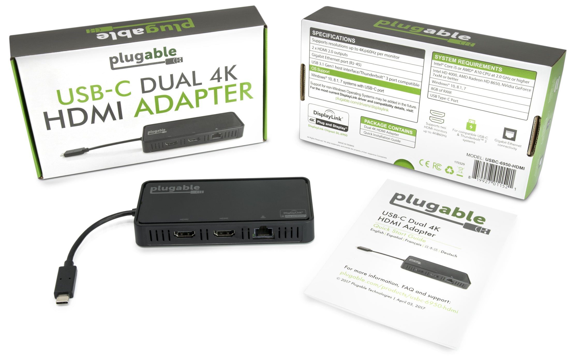 Plugable USBC-6950-HDMI packaging showing 2x HDMI 2.0, Gigabit Ethernet, DisplayLink chipset, and system requirements.