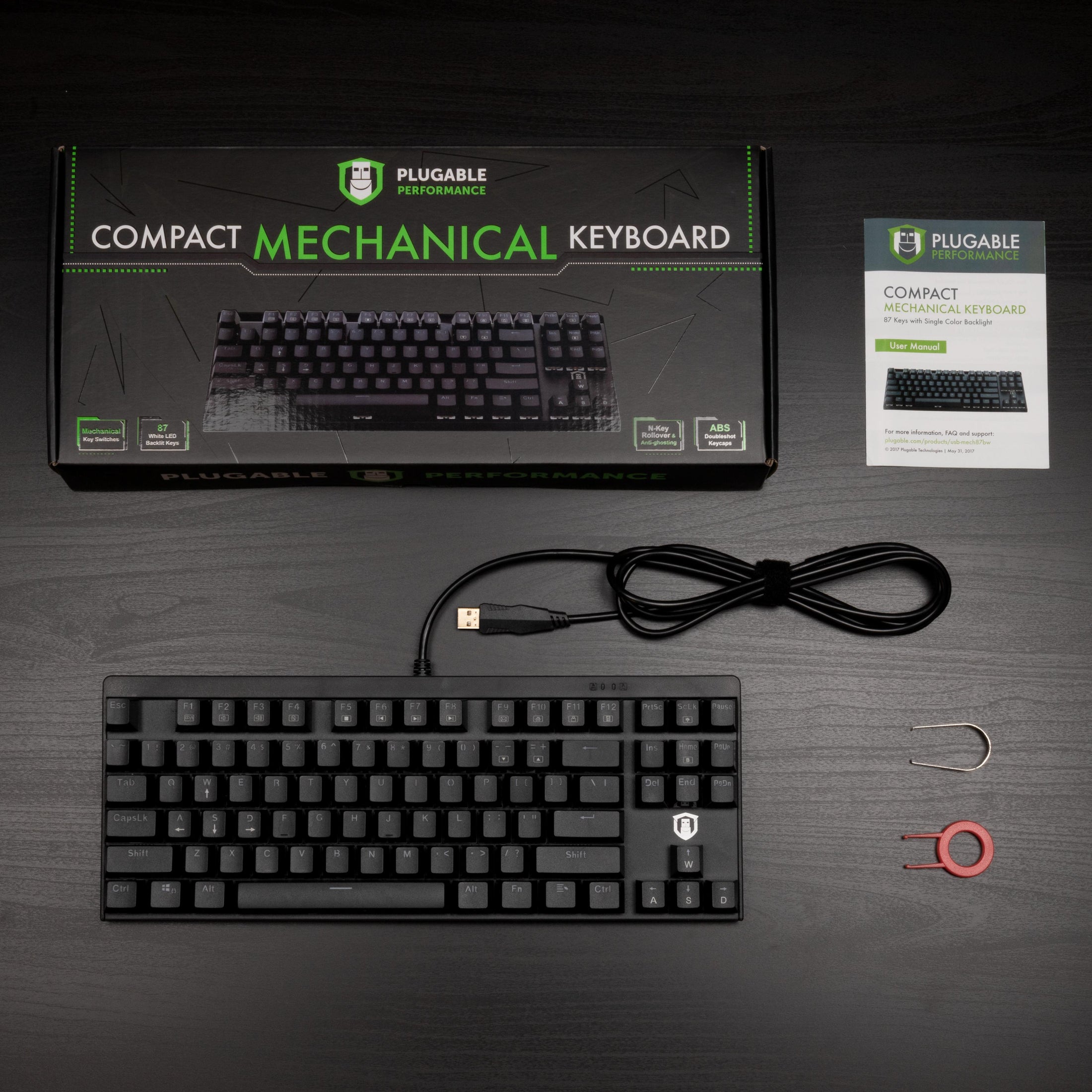 Plugable USB-MECH87RW keyboard with 87 mechanical keys, white LED backlight, N-Key rollover, and ABS doubleshot keycaps.