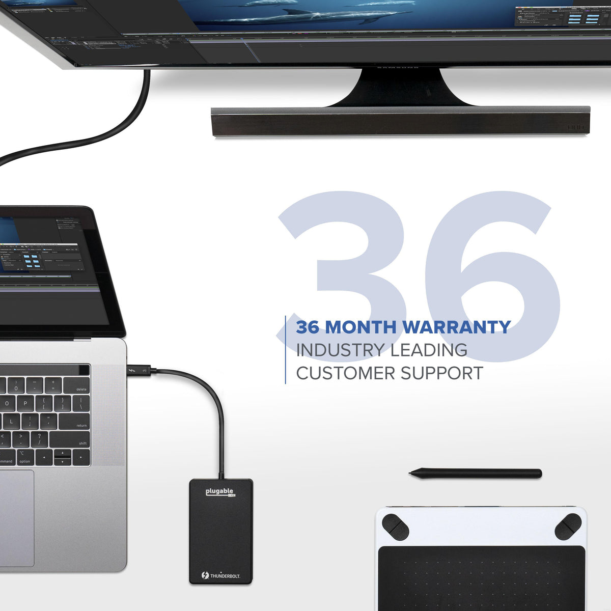 Plugable TBT3-NVME1TB SSD features a 36-month warranty and customer support.