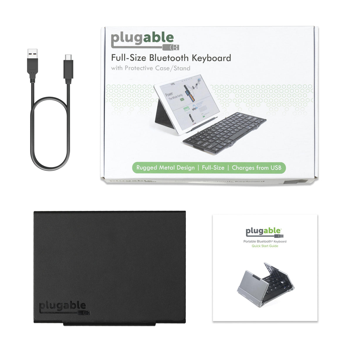 BT-KEY3XL box with Full-Size Bluetooth Keyboard, protective case, USB-A to USB-C charging cable, and quick start guide.