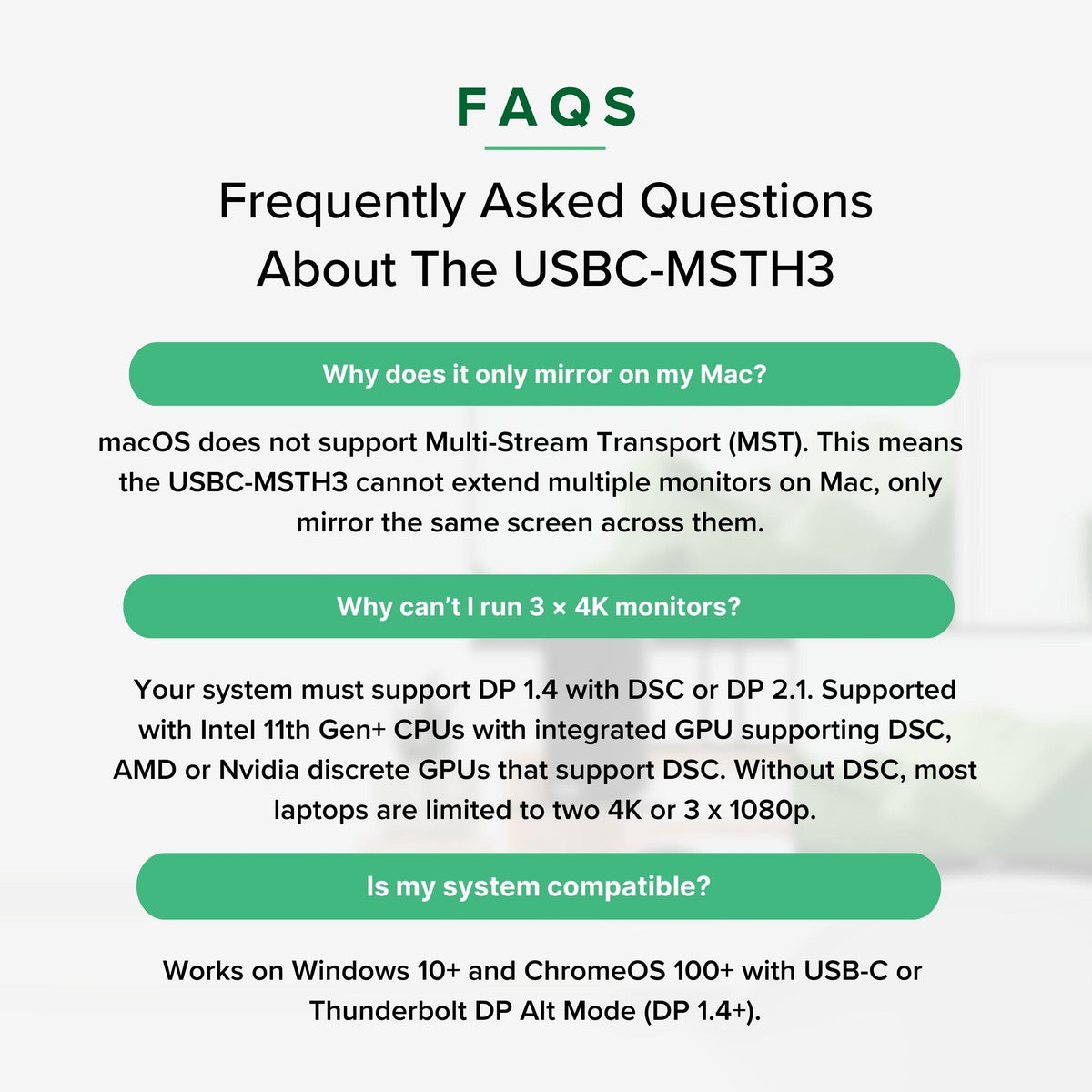 USBC-MSTH3 FAQs: Mac mirrors only, 3x 4K needs DP 1.4 with DSC or DP 2.1, works on Windows 10+ and ChromeOS 100+ with DP Alt