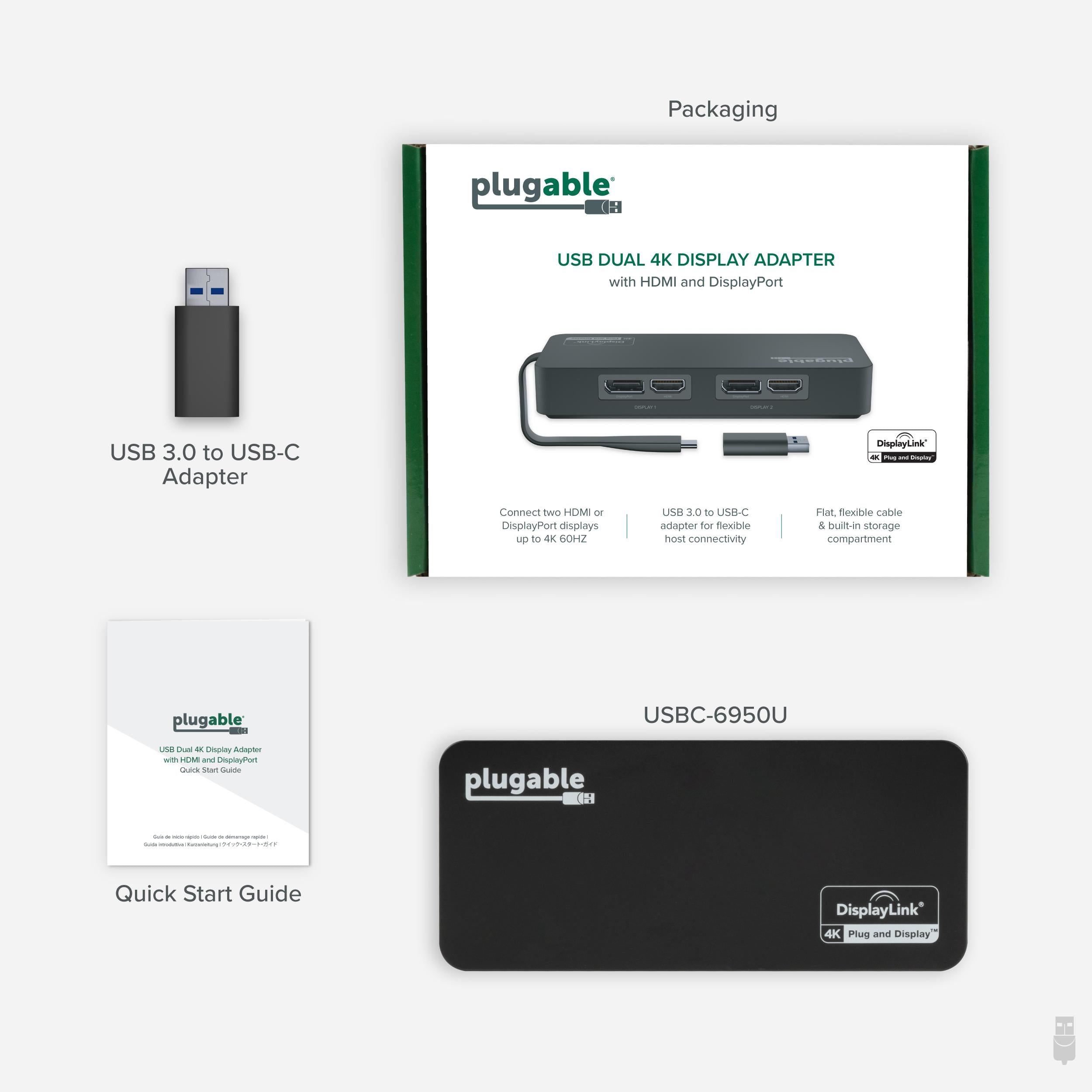Plugable 4K DisplayPort and HDMI Dual Monitor Adapter for USB 3.0