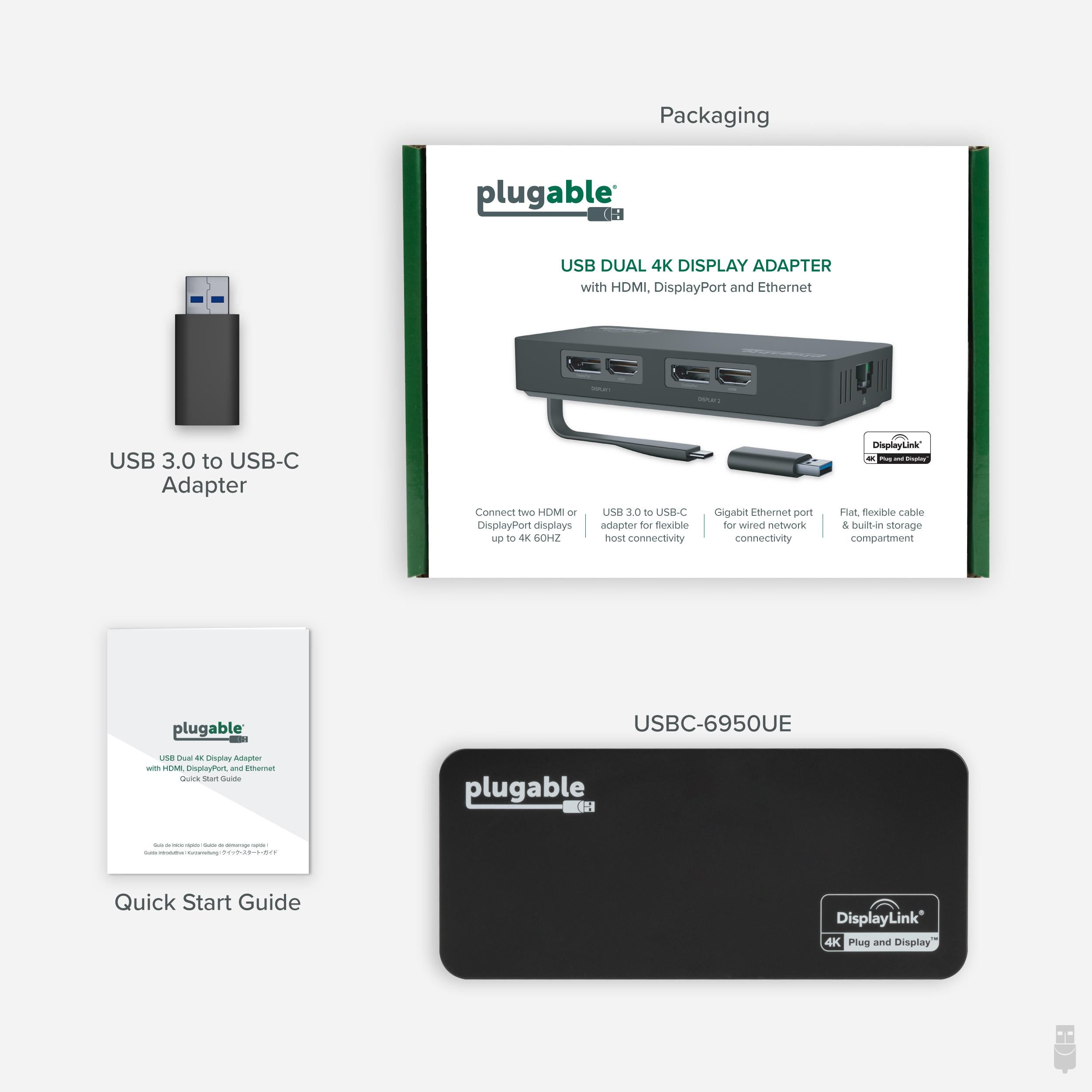 Plugable USB 3.0 and USB-C 4K DisplayPort and HDMI Dual Monitor