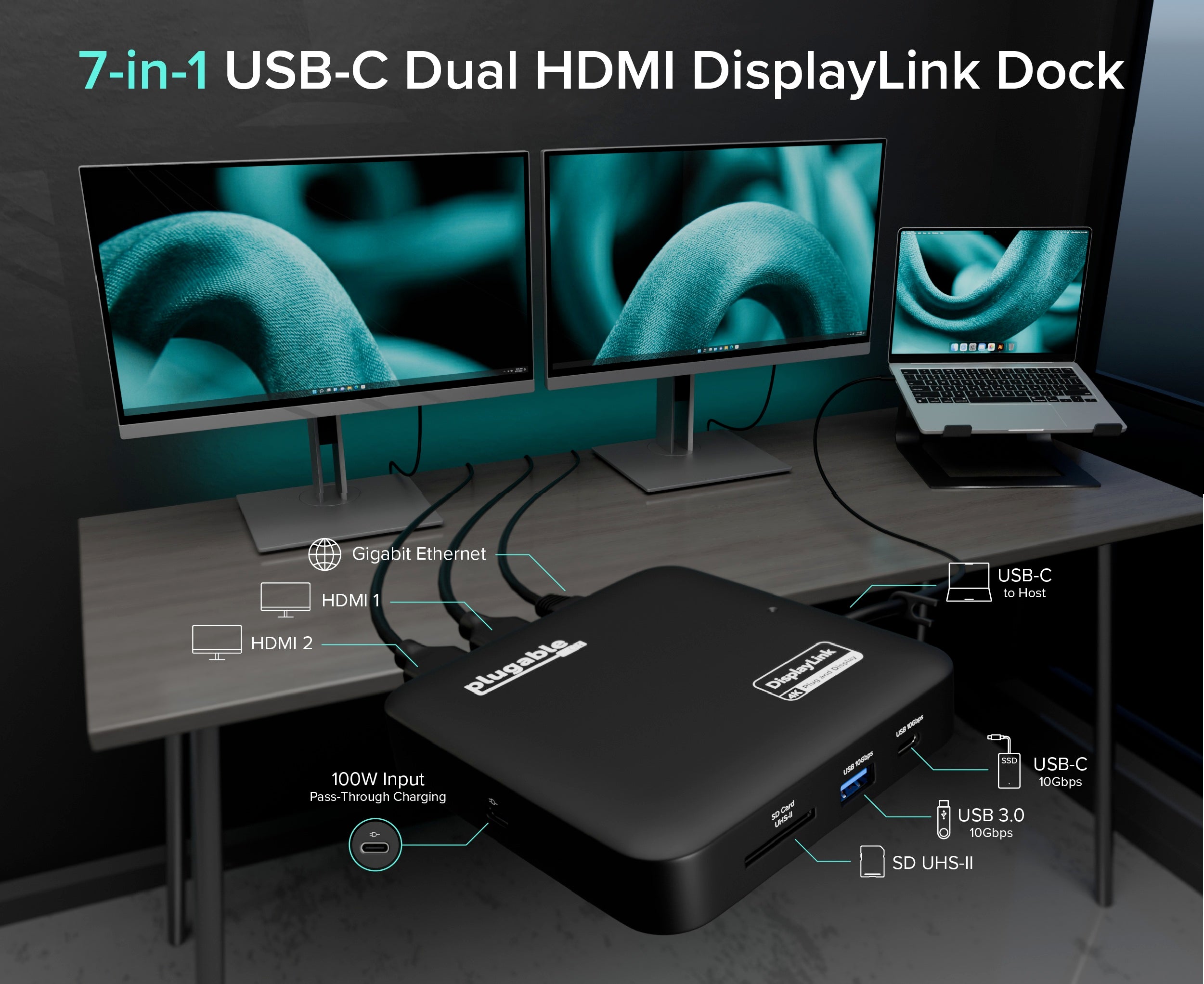 Plugable USB-C Dual HDMI Docking Station, 100W Pass Through