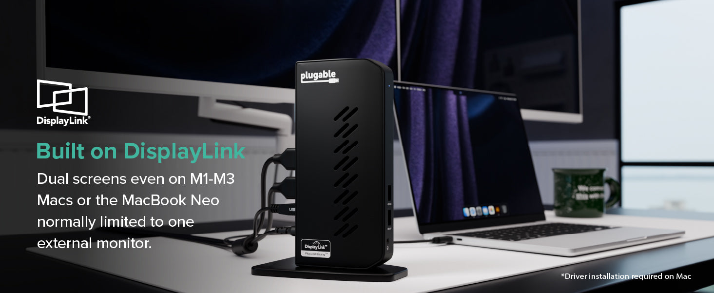 Built on DisplayLink. Dual screens even on M1 - M3 Macs or the MacBook Neo normally limited to one external monitor.