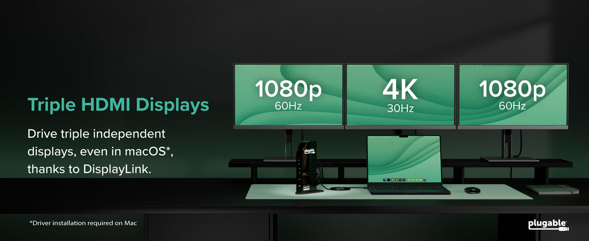 Triple HDMI displays with dock and laptop; text reads Triple HDMI Displays and DisplayLink