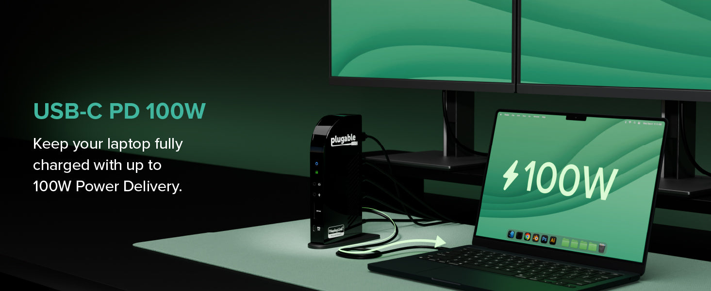 USB charging station dock beside laptop; screen text shows 100W Power Delivery