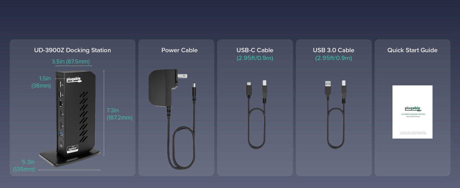 Includes dock, power adapter, USB / USB-C cables, and quick start guide
