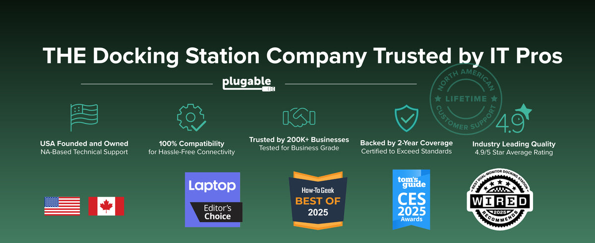  Plugable docking station awards graphic with 4.9 rating and lifetime coverage