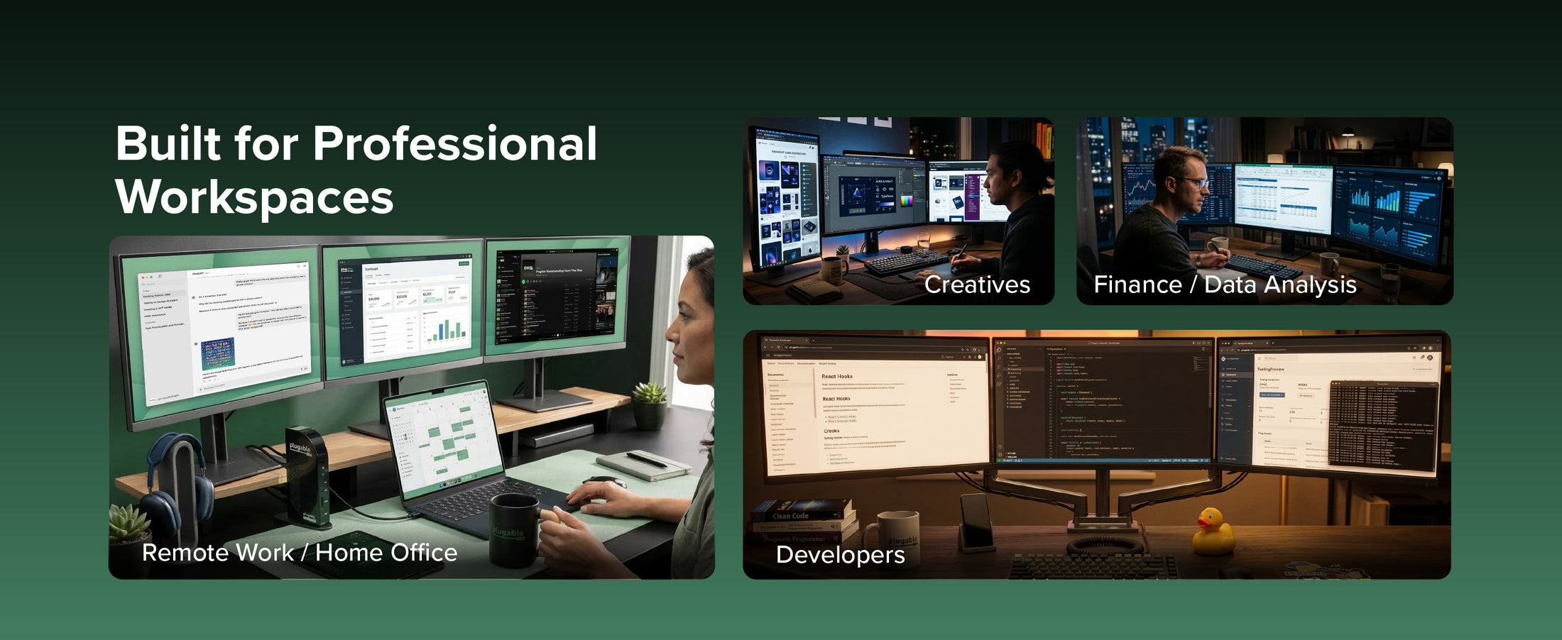 DisplayLink dock in multi-monitor workspace graphic labeled Built for Professional Workspaces