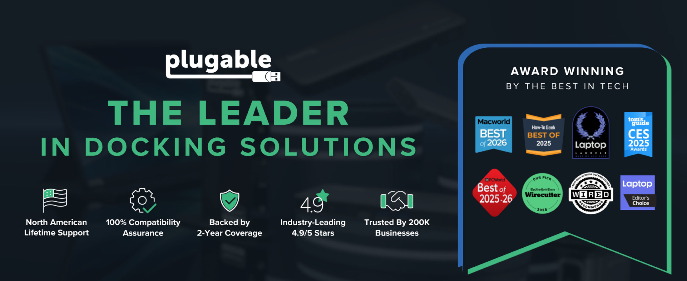 macbook docking station dual monitor graphic with Plugable awards and 4.9 star rating