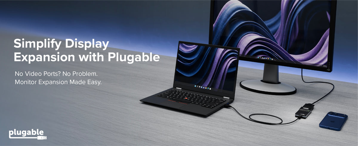 Plugable usb to vga displaylink adapter connects laptop and monitor text Simplify Display Expansion