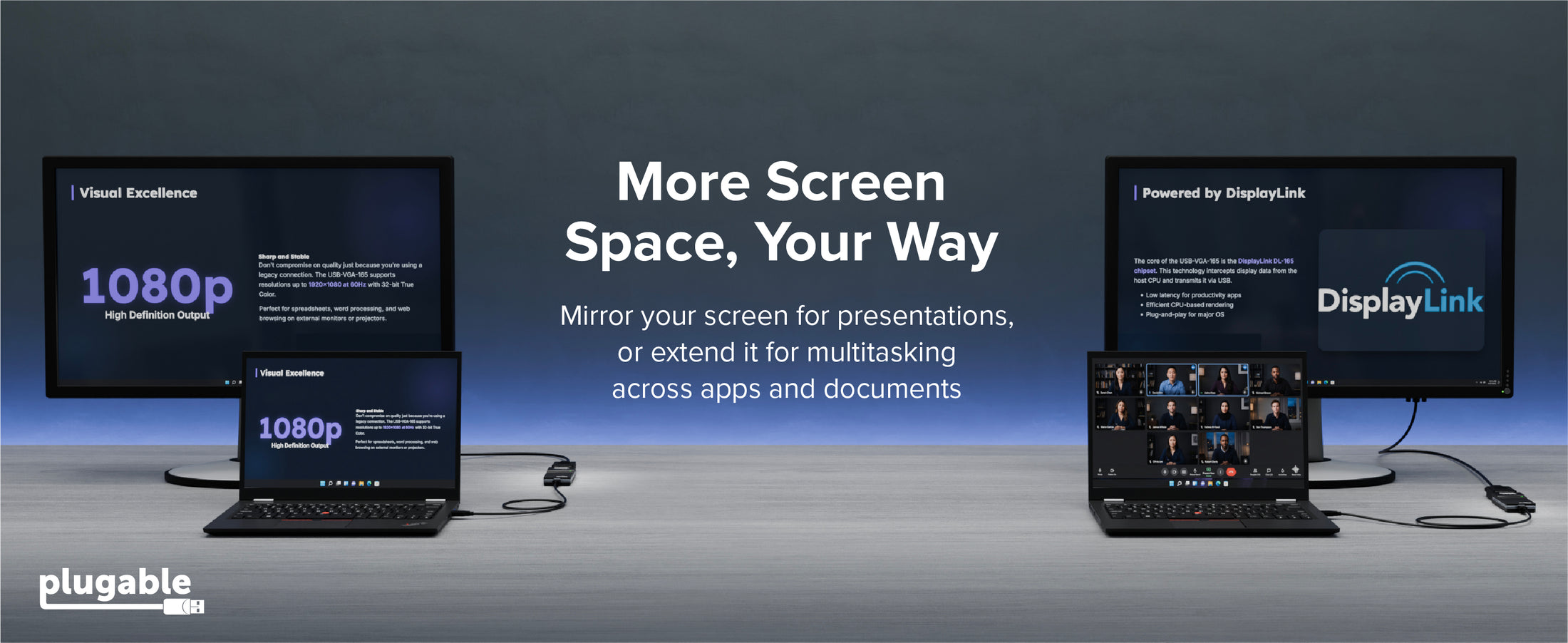 usb video adapter with laptop and monitors showing 1080p and DisplayLink screen space text