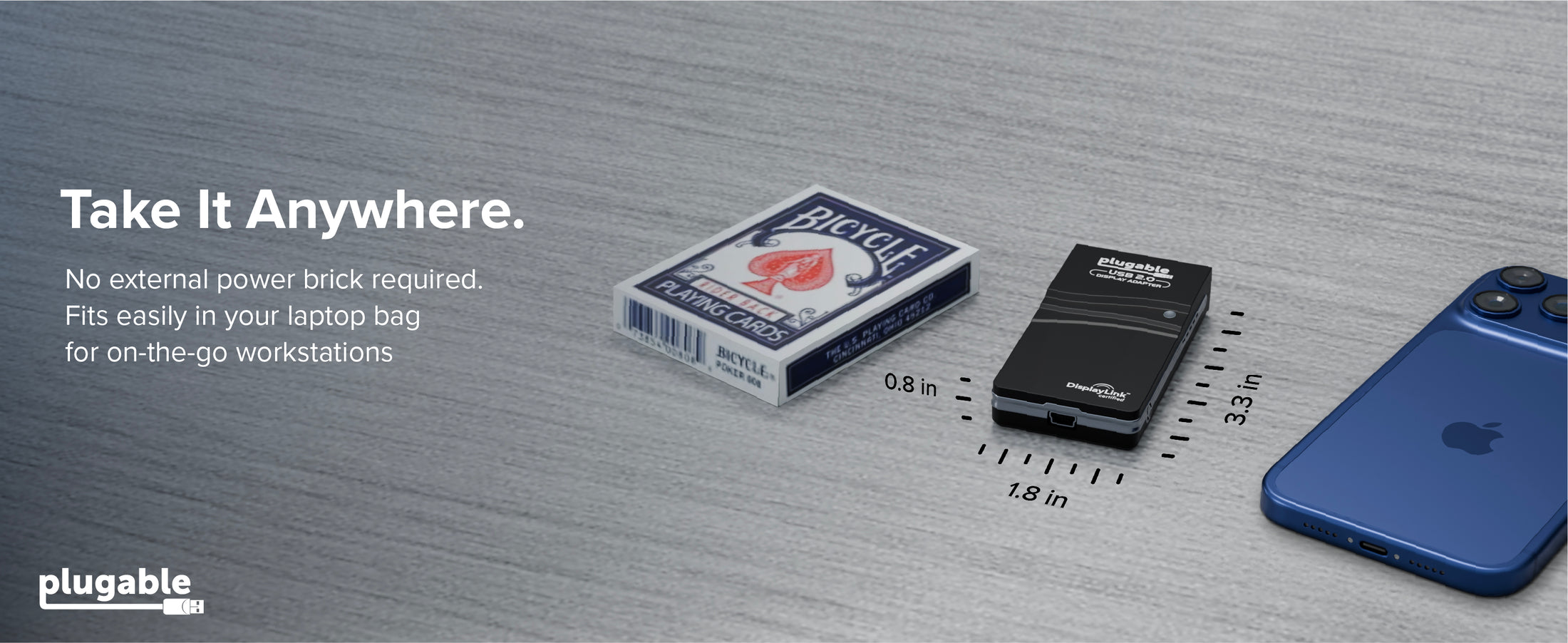 Compact usb vga adapter beside cards and phone with 0.8 in 1.8 in 3.3 in size text