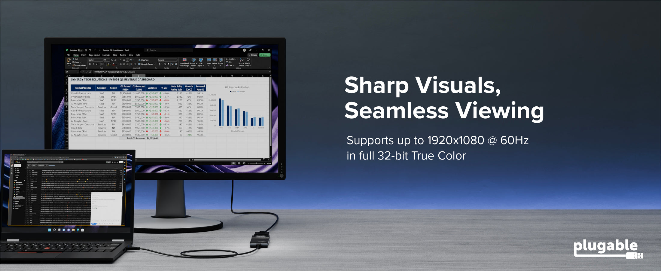 usb to vga adapter for monitor shows Excel and email text Sharp Visuals Seamless Viewing