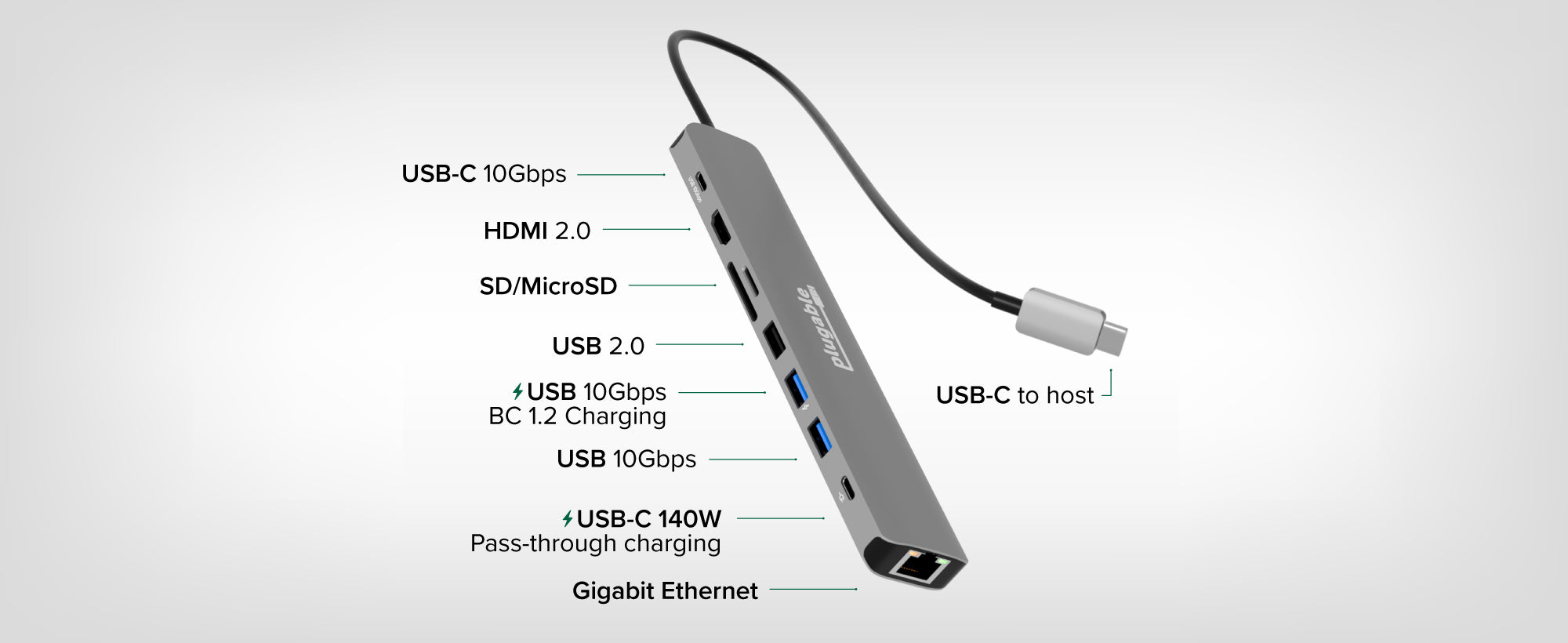 Plugable 9-in-1 USB-C Hub with 4K HDMI, 140W Pass-Through Charging